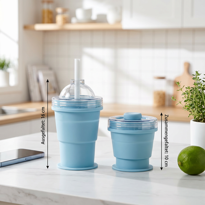 1+ 1 Gratis | 2-in-1 Eiswürfel-Becher – Faltbar, mit Strohhalm & Silikonform für unterwegs