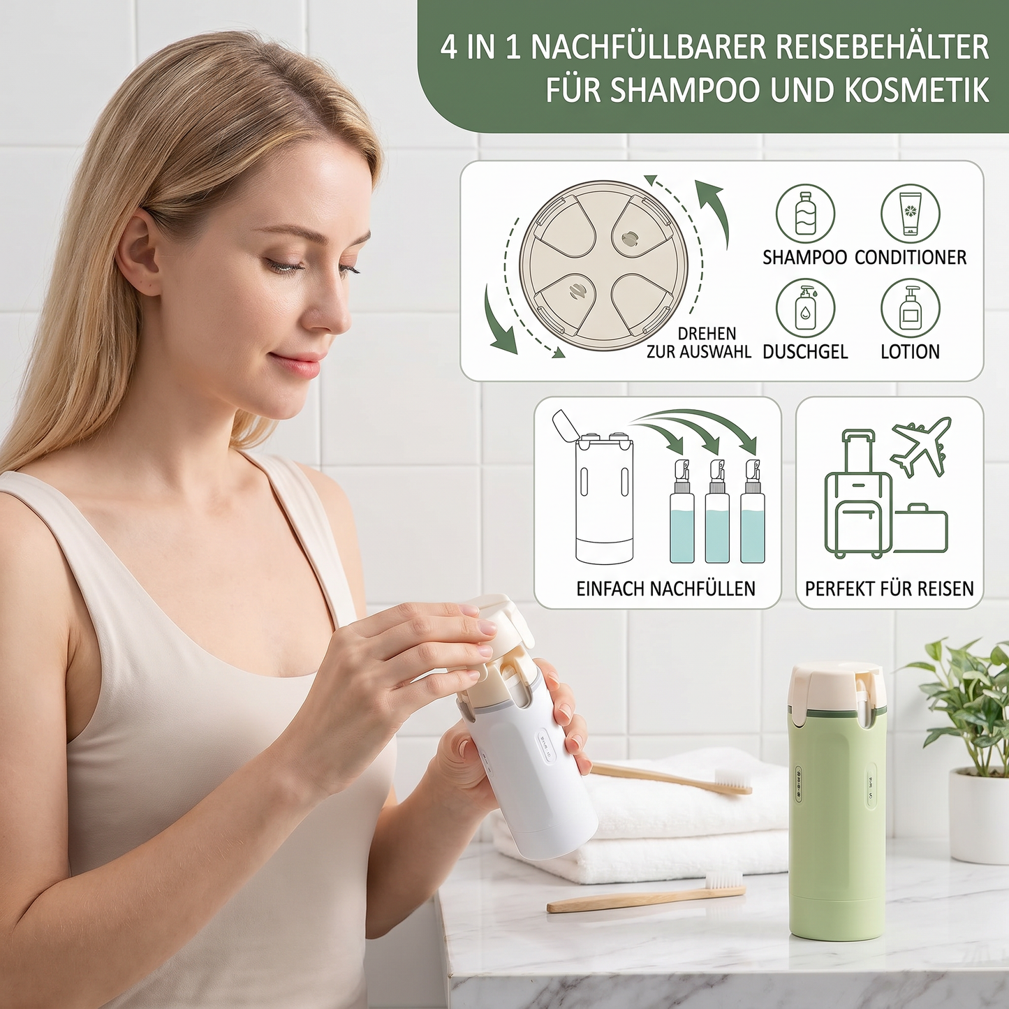 TravelPods™ 4-in-1 Reisebehälter – Auslaufsicher für Shampoo & Kosmetik