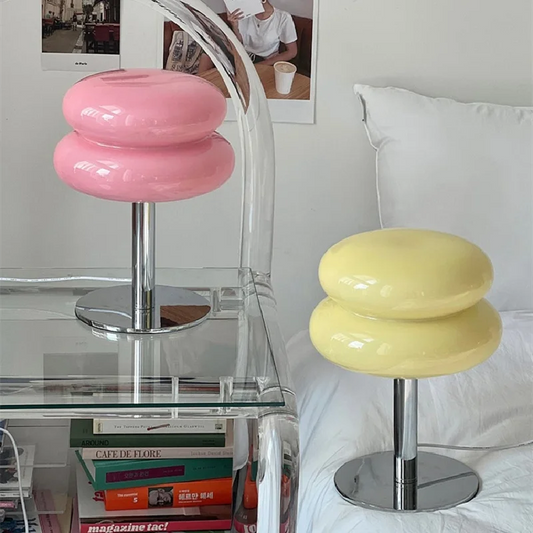 Retro-Tischlampe Glasschirm in Rosa und Gelb