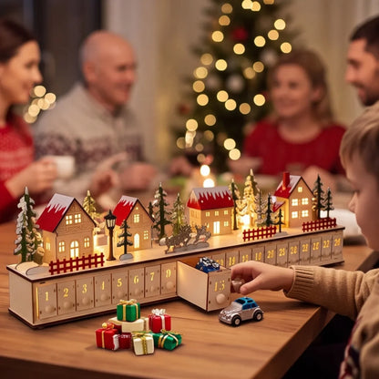 Adventskalender Weihnachtsdorf aus Holz mit LED