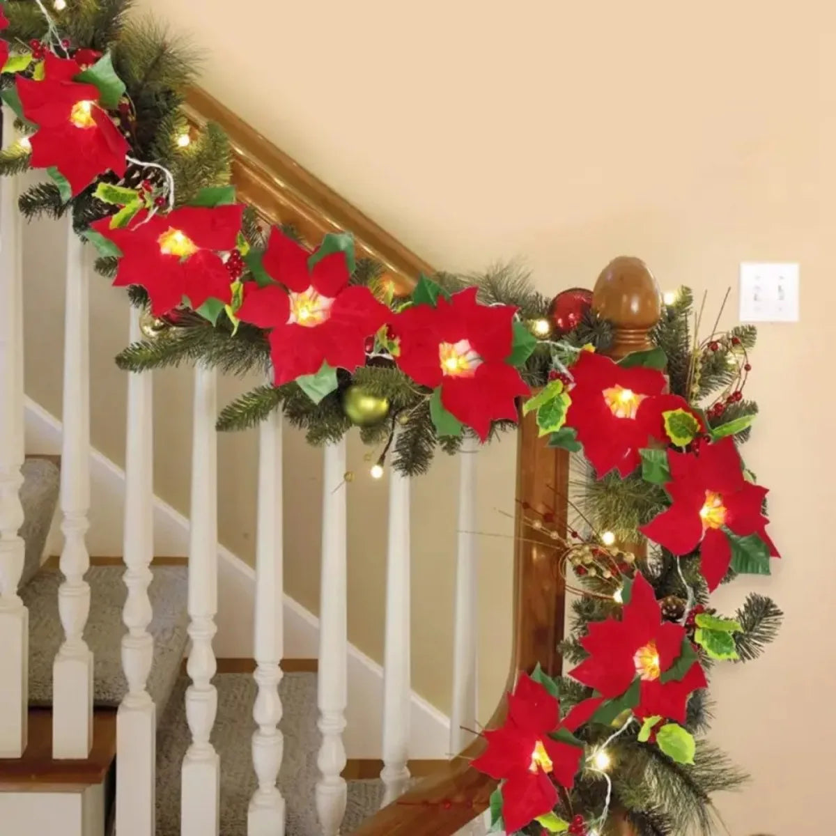 Weihnachtsstern-Lichterkette mit warmweißen LEDs – Deko für Kamin, Fenster & Geländer, 2 Stück