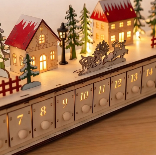 Adventskalender Weihnachtsdorf aus Holz mit LED