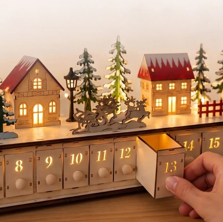 Adventskalender Weihnachtsdorf aus Holz mit LED