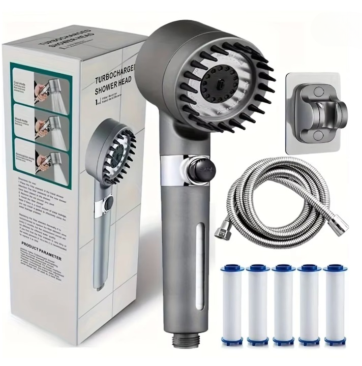 Ionen-Duschkopf mit Turbo-Druckverstärker, 3 Strahlarten und Filterkartuschen
