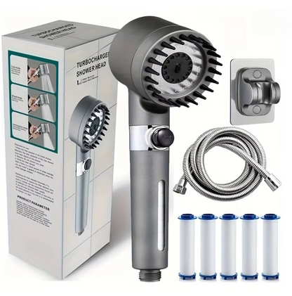 Ionen-Duschkopf mit Turbo-Druckverstärker, 3 Strahlarten und Filterkartuschen