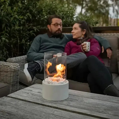 FlammenKlar™ | Tischfeuer Laterne – Echtes Flammenlicht, Glaszylinder & wetterfester Stahl