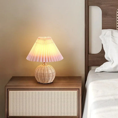 Tischlampe Rattansockel Rosa Schirm