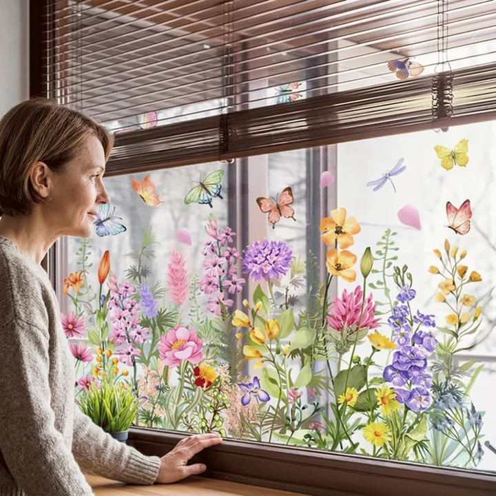 BloomVista™ | Fensteraufkleber | Wildblumen & Schmetterlinge, wiederverwendbar & rückstandsfrei