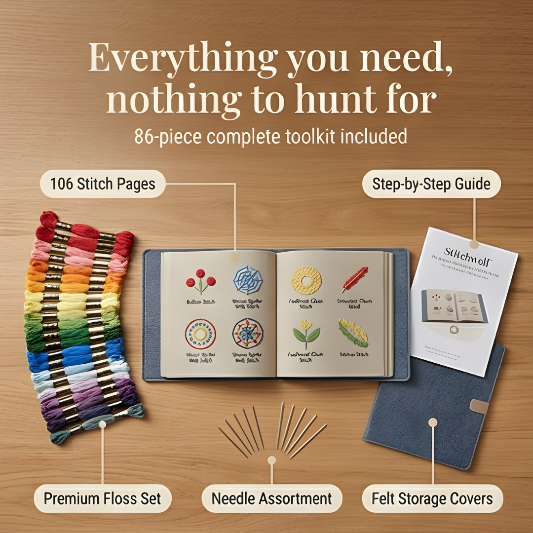Stickbuch Komplettset mit 106 Stickstichen und Zubehör