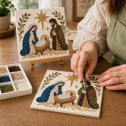 DIY Weihnachtskrippen-Mosaikset mit Holzstaffelei
