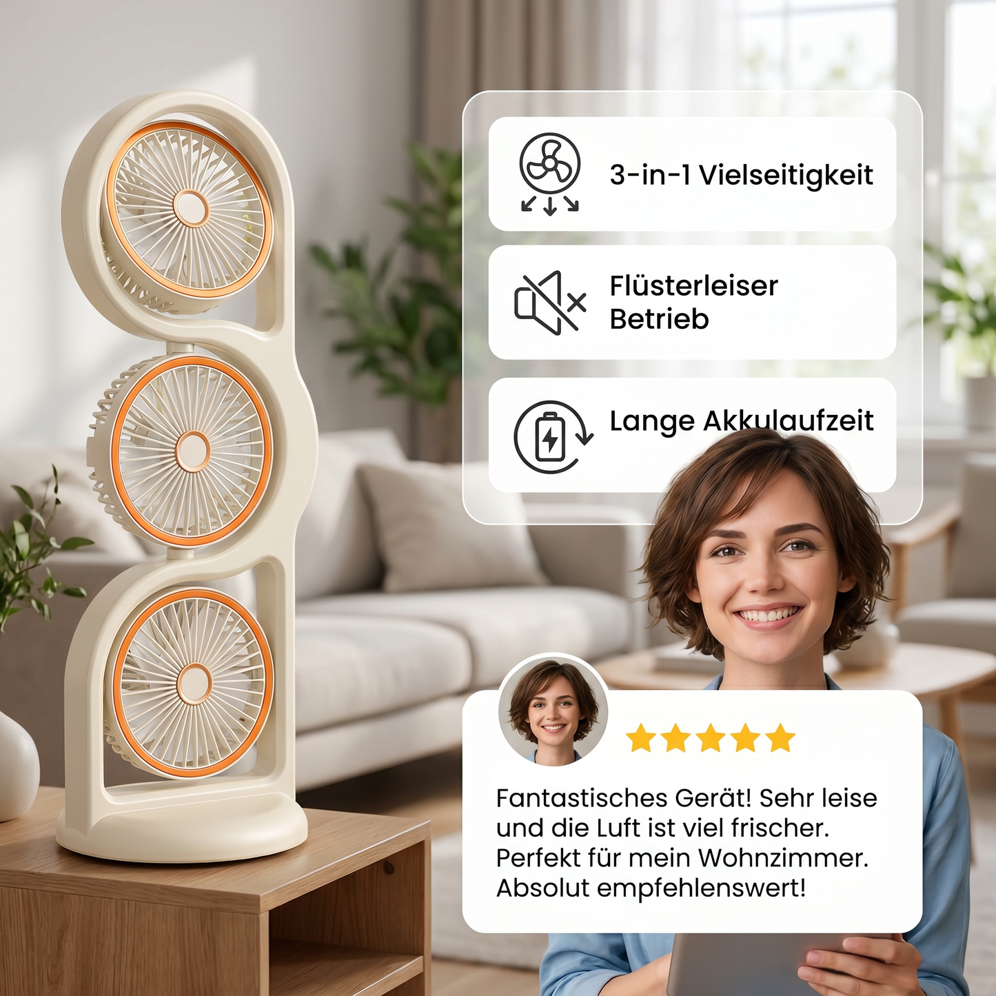 Leiser Ventilator mit 3 Köpfen – Kühlt den ganzen Raum, nicht nur einen Fleck