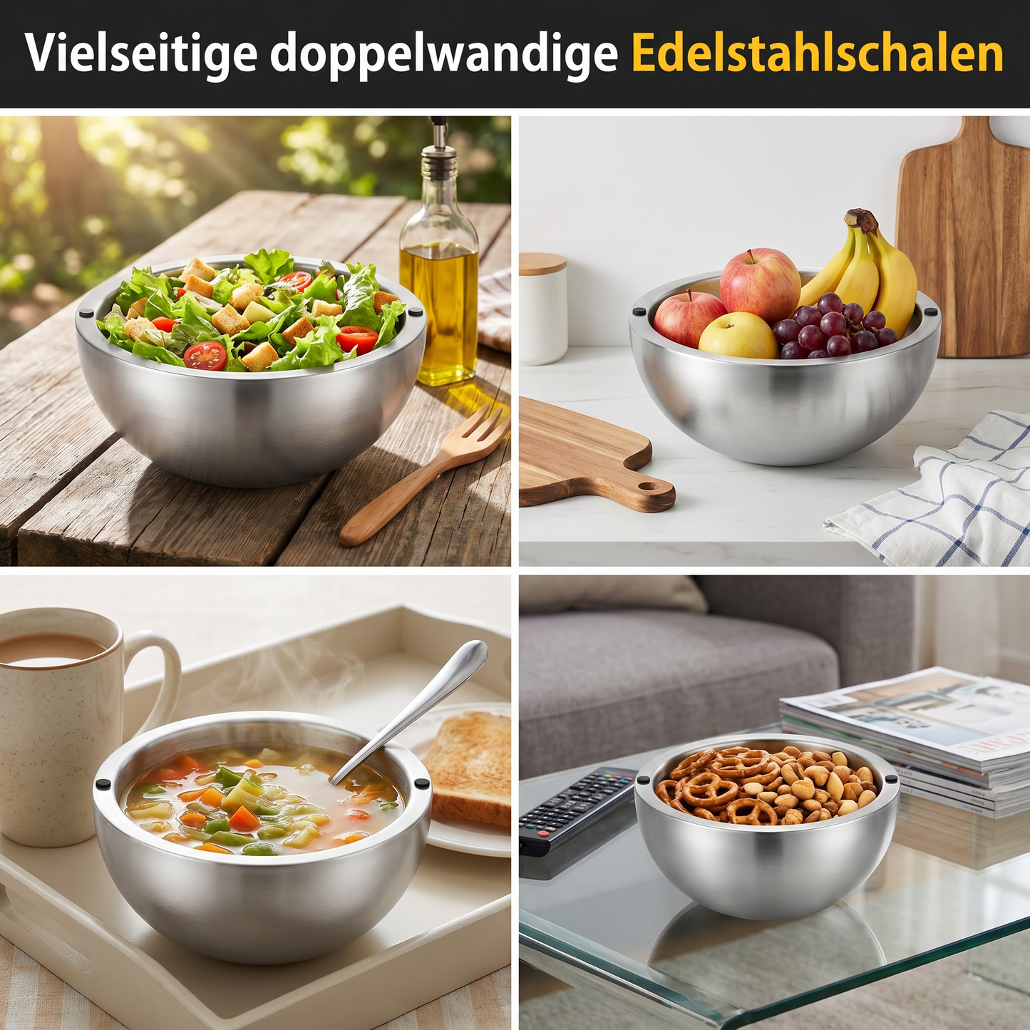 Edelstahl-Schüssel doppelwandig – Kaltes bleibt kalt, Warmes bleibt warm