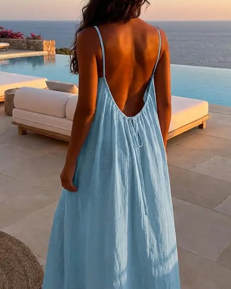 Rückenfreies Baumwoll-Sommerkleid mit Spaghettiträgern | Leicht & einfarbig | Perfekt für Strand, Urlaub & Zuhause