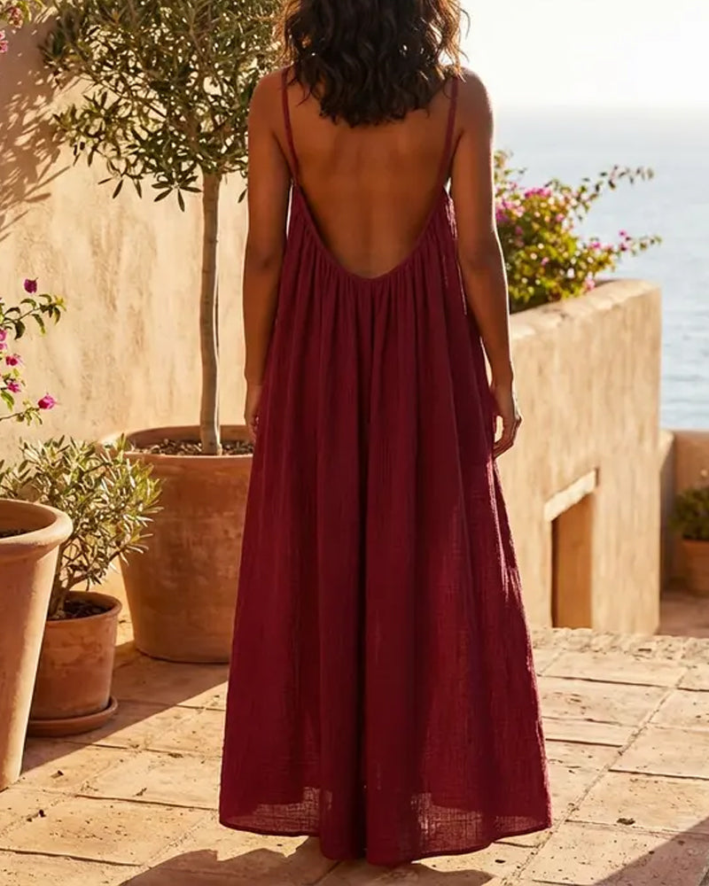 Rückenfreies Baumwoll-Sommerkleid mit Spaghettiträgern | Leicht & einfarbig | Perfekt für Strand, Urlaub & Zuhause