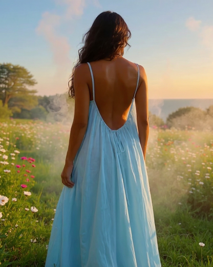 Rückenfreies Baumwoll-Sommerkleid mit Spaghettiträgern | Leicht & einfarbig | Perfekt für Strand, Urlaub & Zuhause
