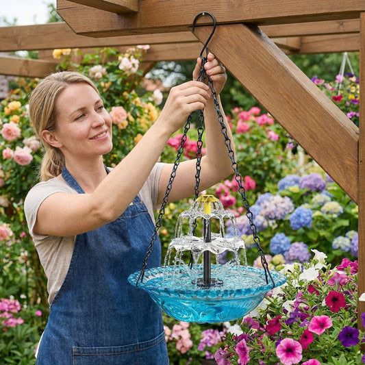 SunCascade™ | Solar Springbrunnen – Hängende Vogeltränke mit Wasserfall, Glas & kabellos