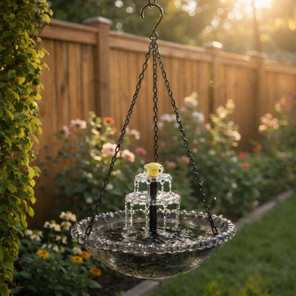 SunCascade™ | Solar Springbrunnen – Hängende Vogeltränke mit Wasserfall, Glas & kabellos