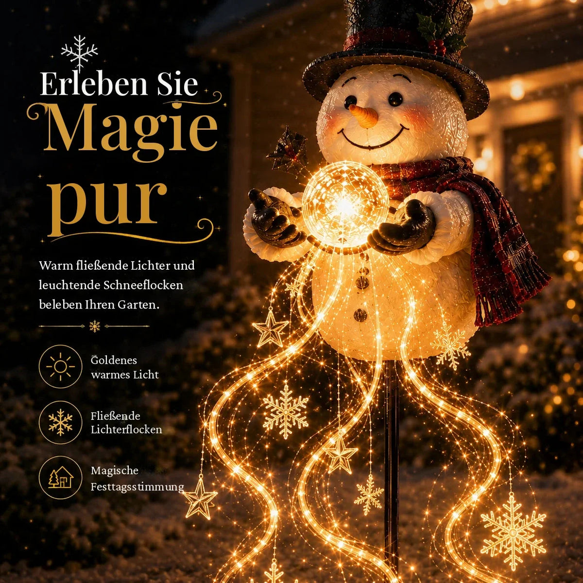 Leuchtender Schneemann im Garten bei Nacht
