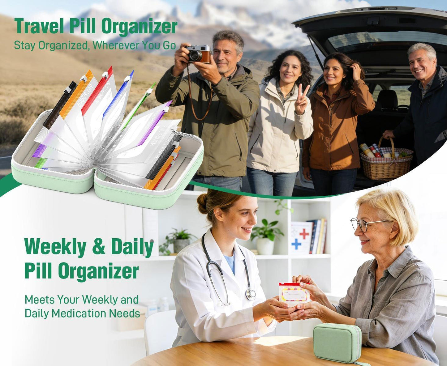 Tabletten-Organizer mit 14 Beuteln im Kunstleder-Etui