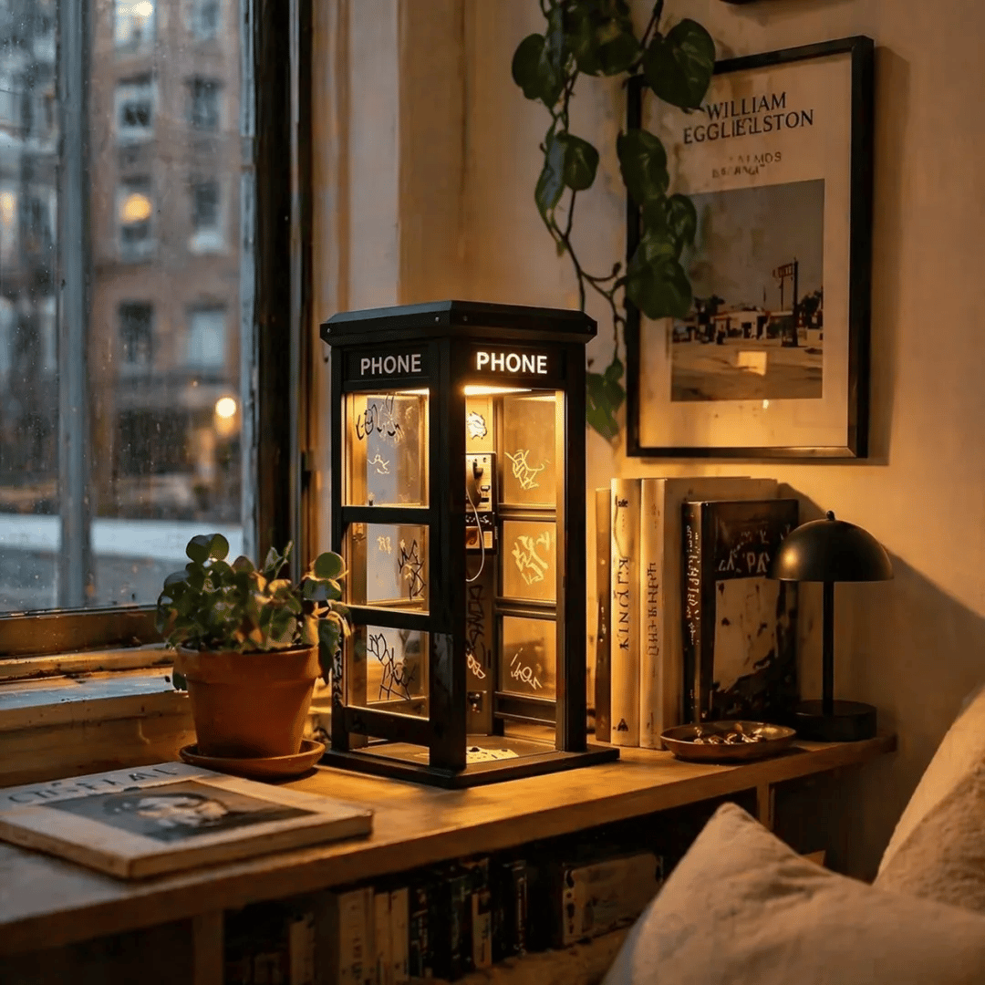 Vintage Telefonzellen Tischlampe mit warmem Ambiente Licht