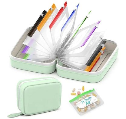 Tabletten-Organizer mit 14 Beuteln im Kunstleder-Etui
