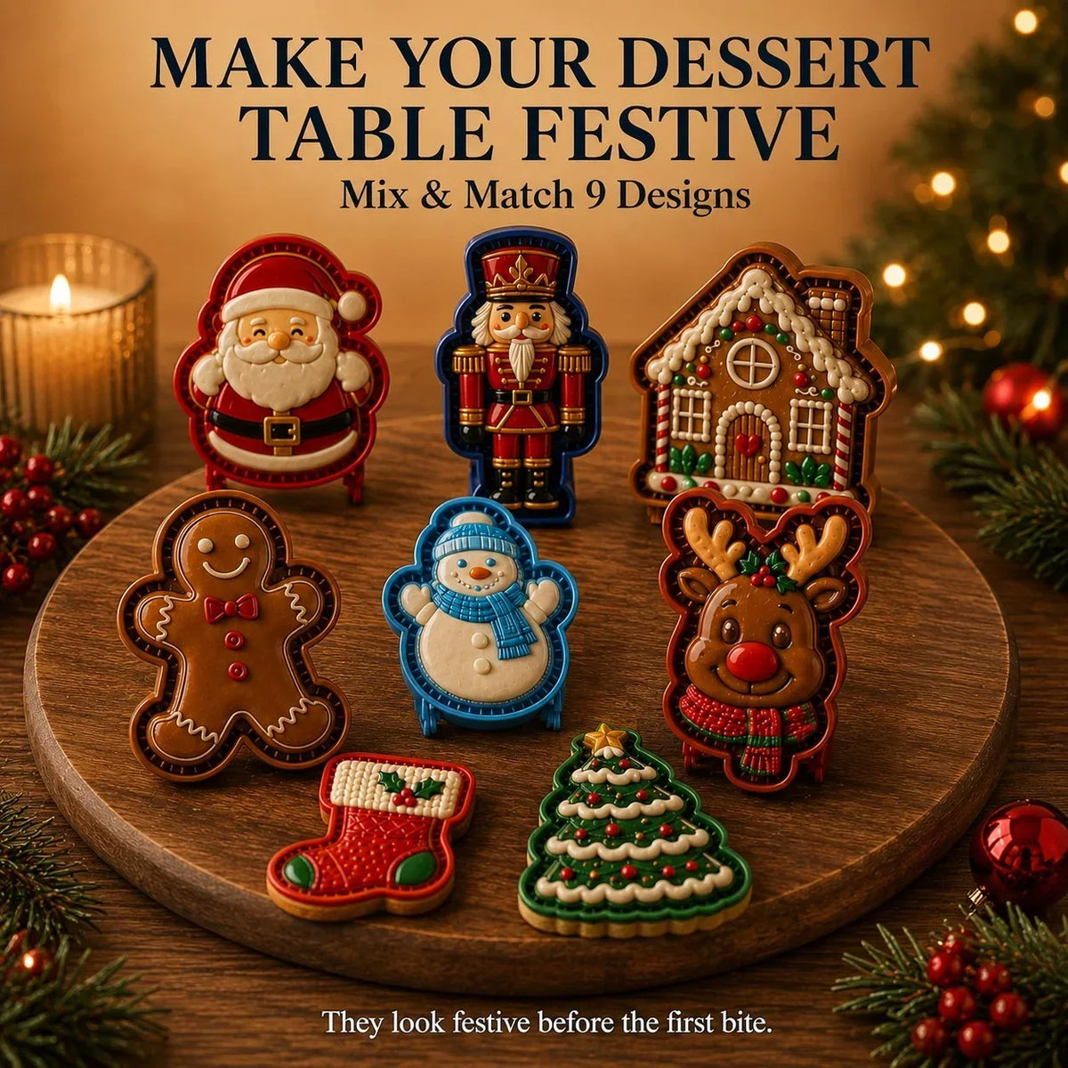 Weihnachts-Mini-Kuchenform mit 9 Motiven aus transparentem PET – wiederverwendbar, spülmaschinenfest