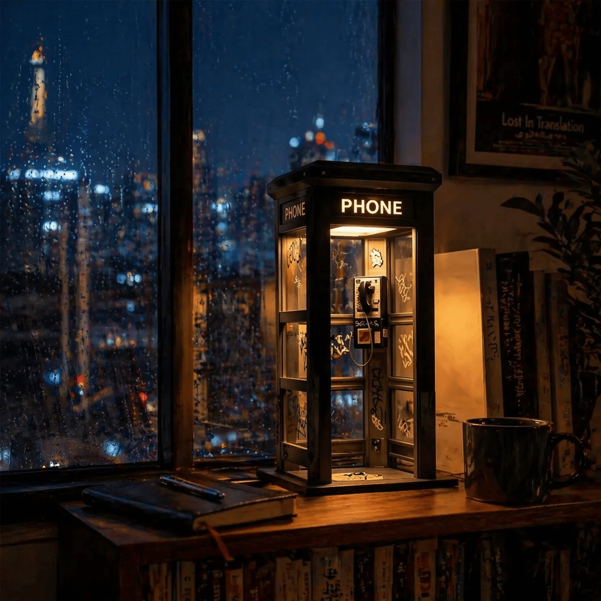 Vintage Telefonzellen Tischlampe mit warmem Ambiente Licht