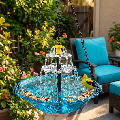 SunCascade™ | Solar Springbrunnen – Hängende Vogeltränke mit Wasserfall, Glas & kabellos