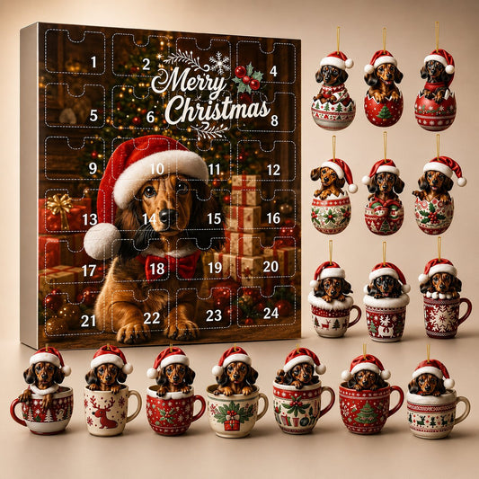 Dackel Adventskalender 2026 mit 24 Ornamenten