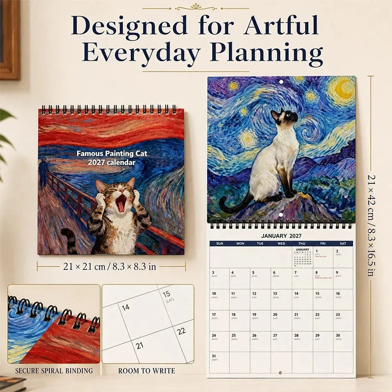 Katzen Wandkalender 2027 mit Kunst-Katzenmotiven