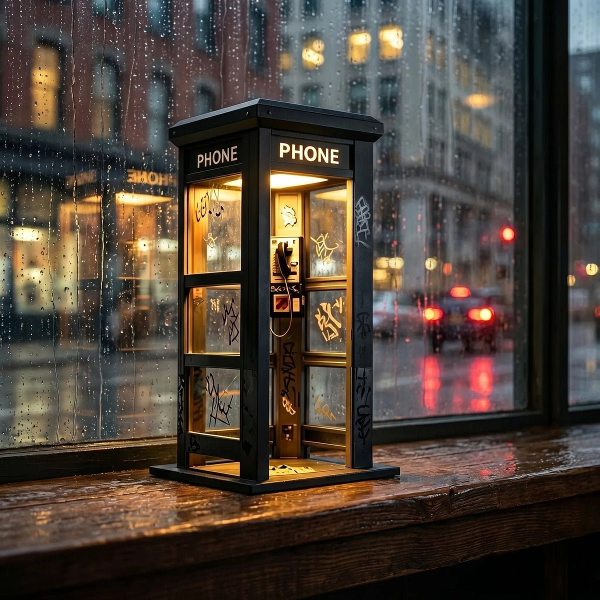 Vintage Telefonzellen Tischlampe mit warmem Ambiente Licht