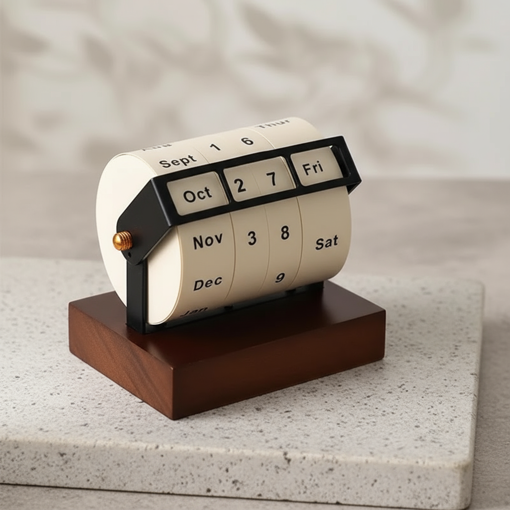RetroTurn™ – Mid-Century Drehbarer Perpetual-Schreibtischkalender