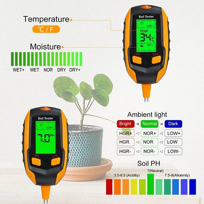 SmartGrow™ 4-in-1 Bodenmessgerät – Feuchtigkeit, pH, Licht & Temperatur messen