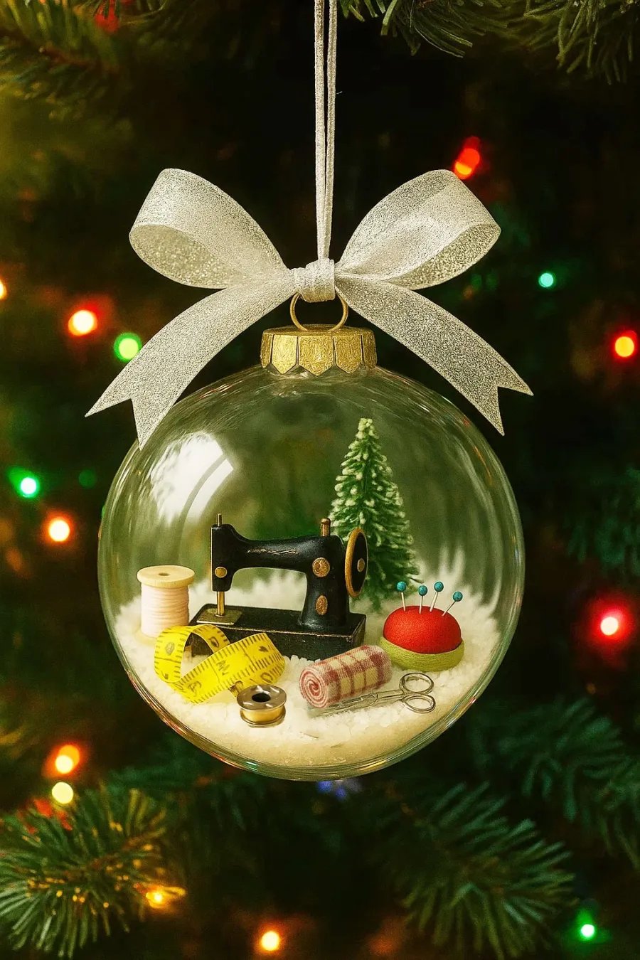 Weihnachtskugel mit Nähmaschine im Inneren