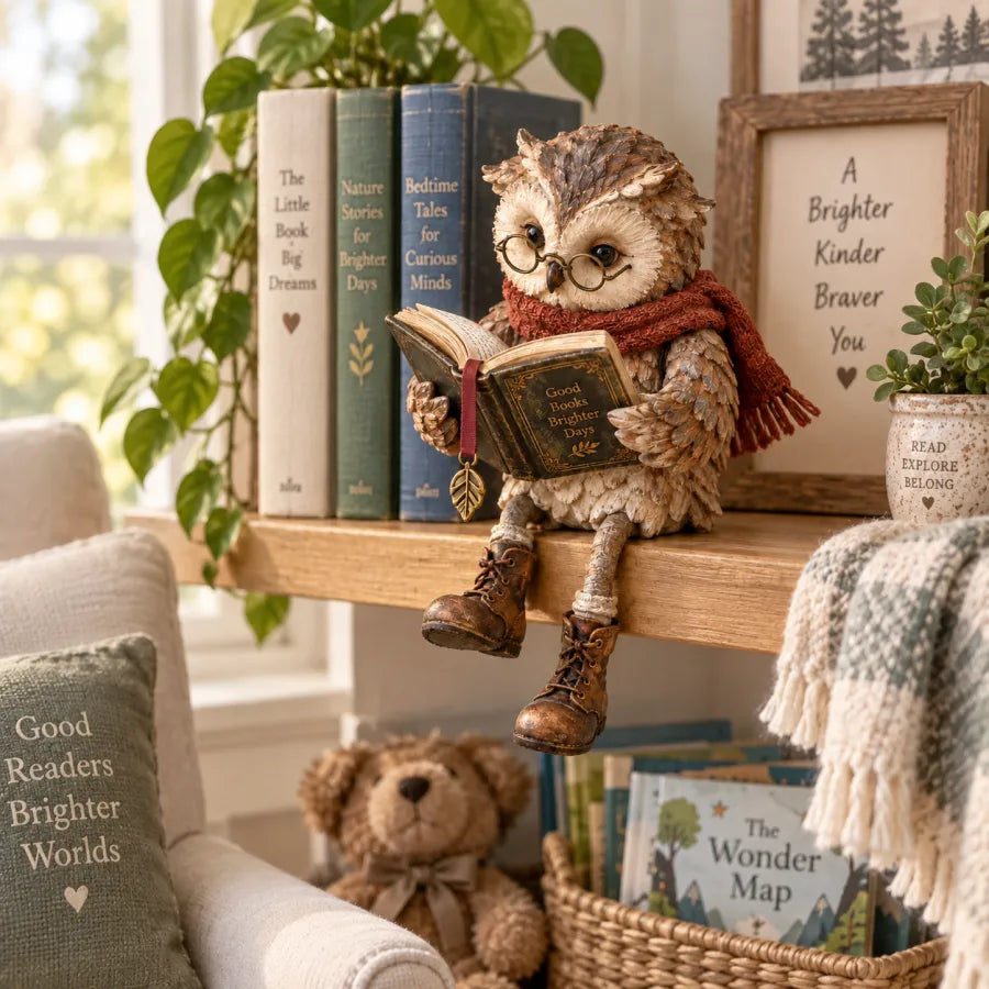 StoryNook – Rustikale Lese-Eule Figur | 50 % RABATT
