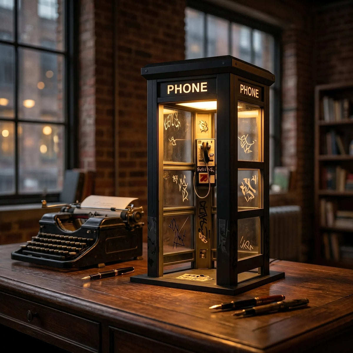 Vintage Telefonzellen Tischlampe mit warmem Ambiente Licht