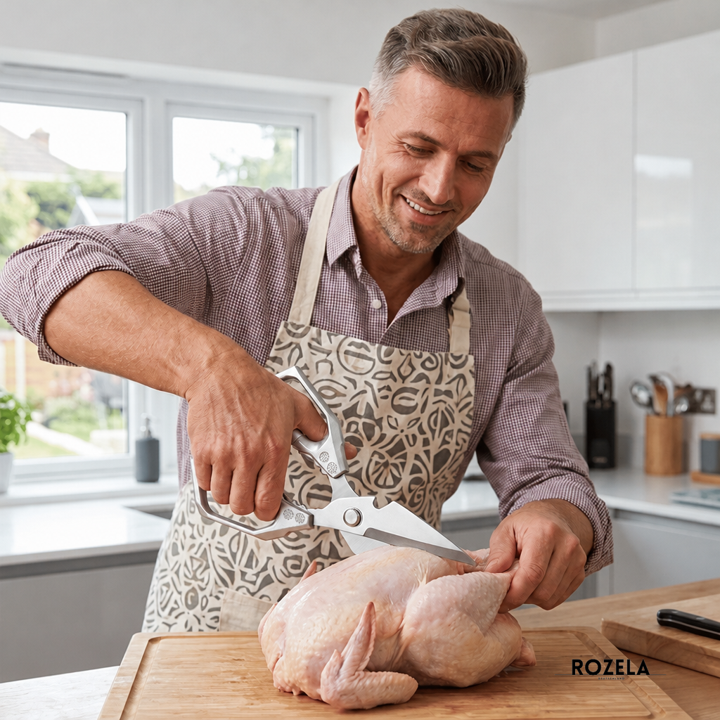 Robuste Edelstahl-Küchenschere zerteilt Hähnchen – Rozela