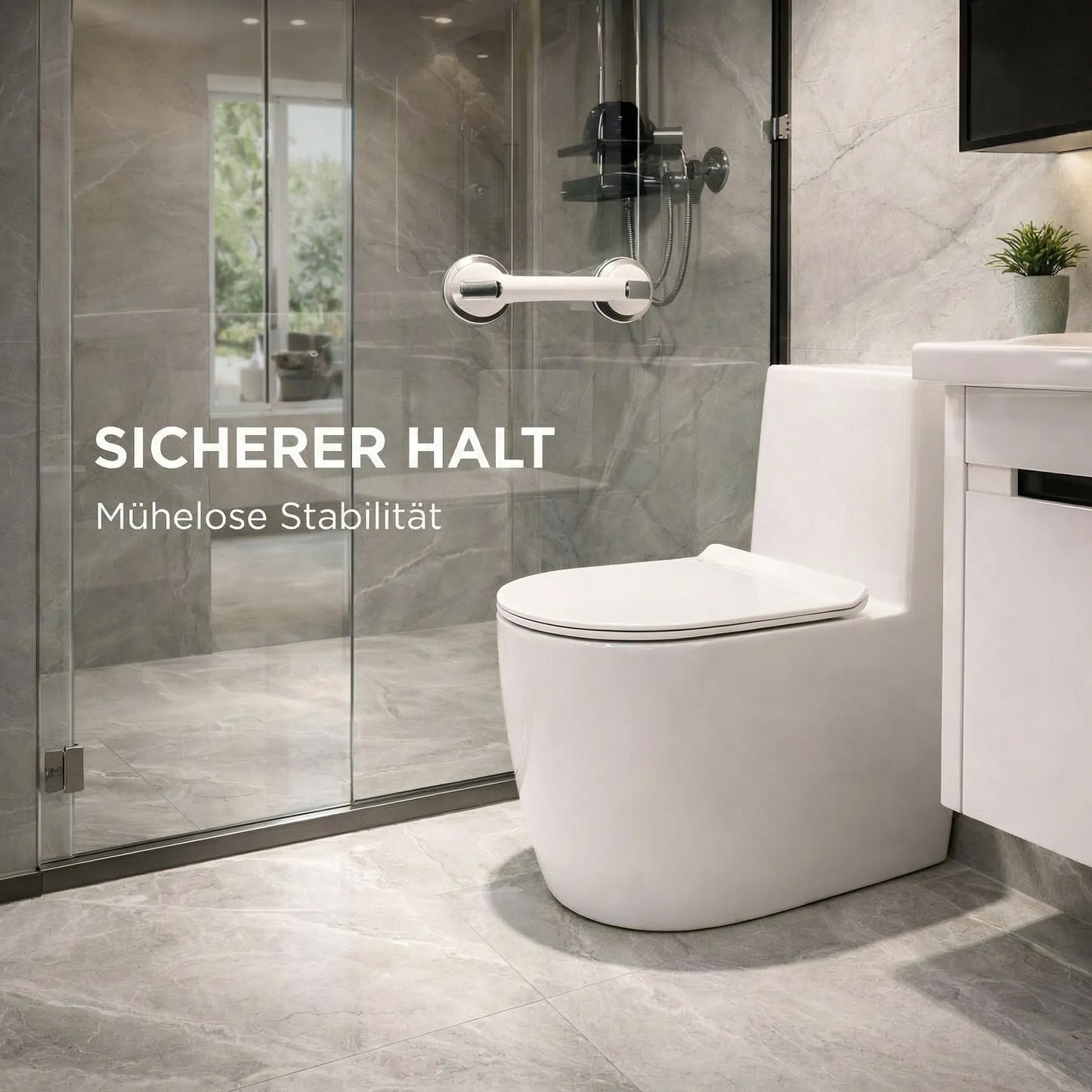 Haltegriff für Dusche, Badewanne oder WC mit Saugnapf | Badewannengriff für Senioren ohne Bohren | GripSicher