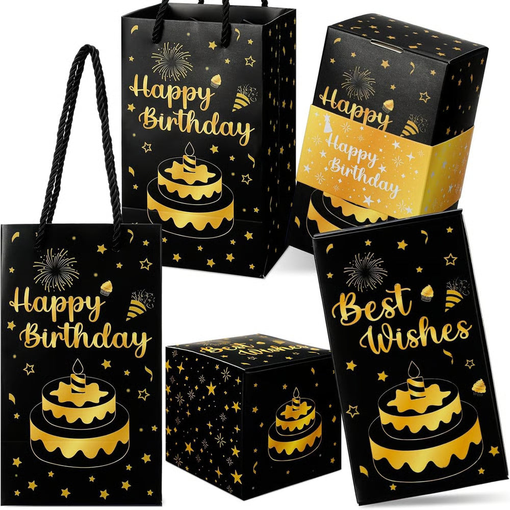 Überraschungs-Geschenkset in Schwarz mit Happy-Birthday-Motiv
