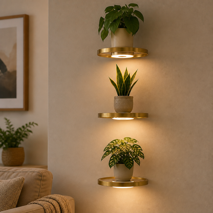 Schwebendes LED-Wandregal mit Gold-Finish und wiederaufladbarer Ambientebeleuchtung für Pflanzen