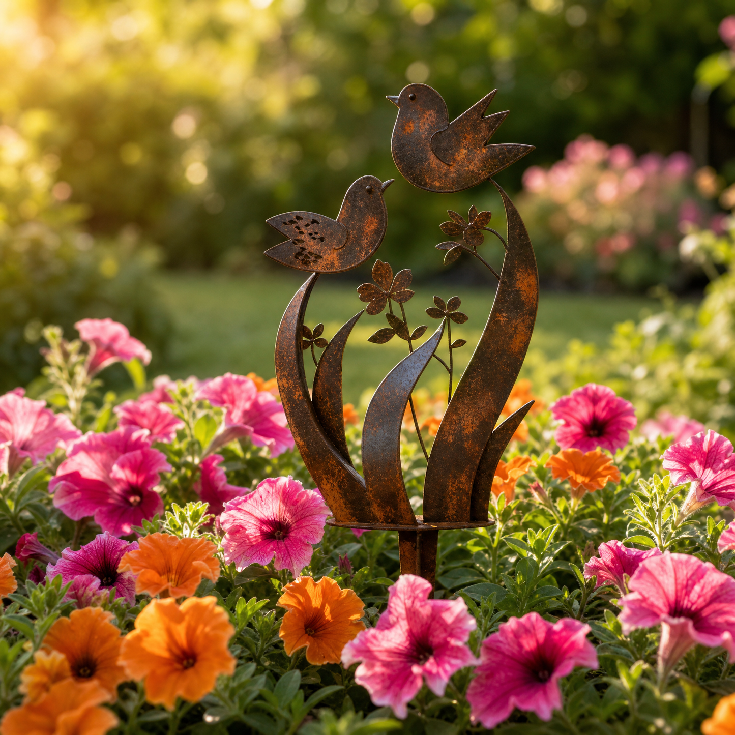 Rustikaler Gartenstecker mit Vogel- & Wildblumenmotiv aus Eisen – in 4 Größen (30–45 cm)
