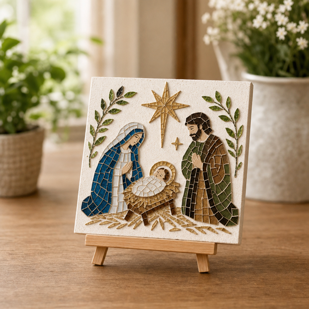 DIY Weihnachtskrippen-Mosaikset mit Holzstaffelei