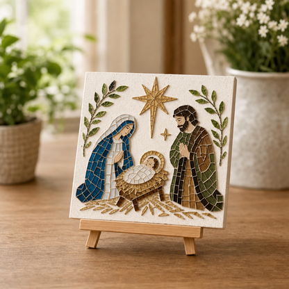 DIY Weihnachtskrippen-Mosaikset mit Holzstaffelei