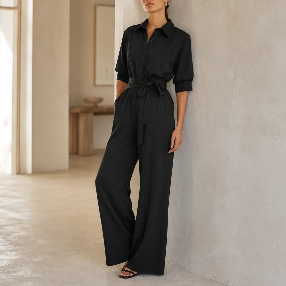 Solene – Hemd-Jumpsuit mit weitem Bein, Gürtel und Bindegürtel in der Taille