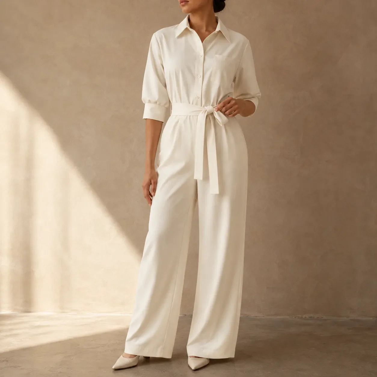 Solene – Hemd-Jumpsuit mit weitem Bein, Gürtel und Bindegürtel in der Taille