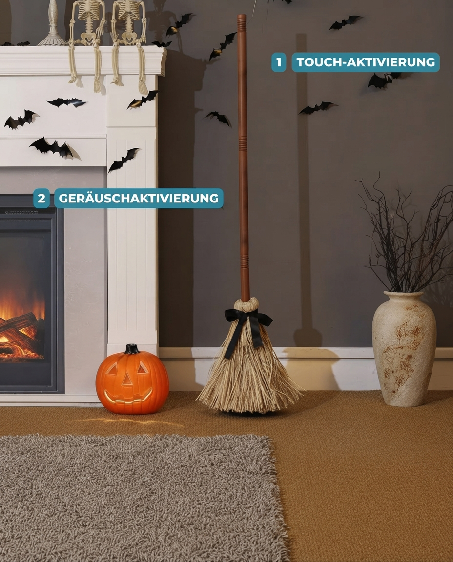 Schwebender Halloween Hexenbesen mit Sound und Bewegung
