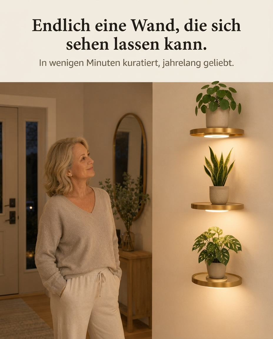 Schwebendes LED-Wandregal mit Gold-Finish und wiederaufladbarer Ambientebeleuchtung für Pflanzen
