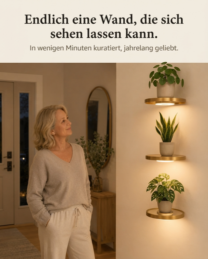 Schwebendes LED-Wandregal mit Gold-Finish und wiederaufladbarer Ambientebeleuchtung für Pflanzen