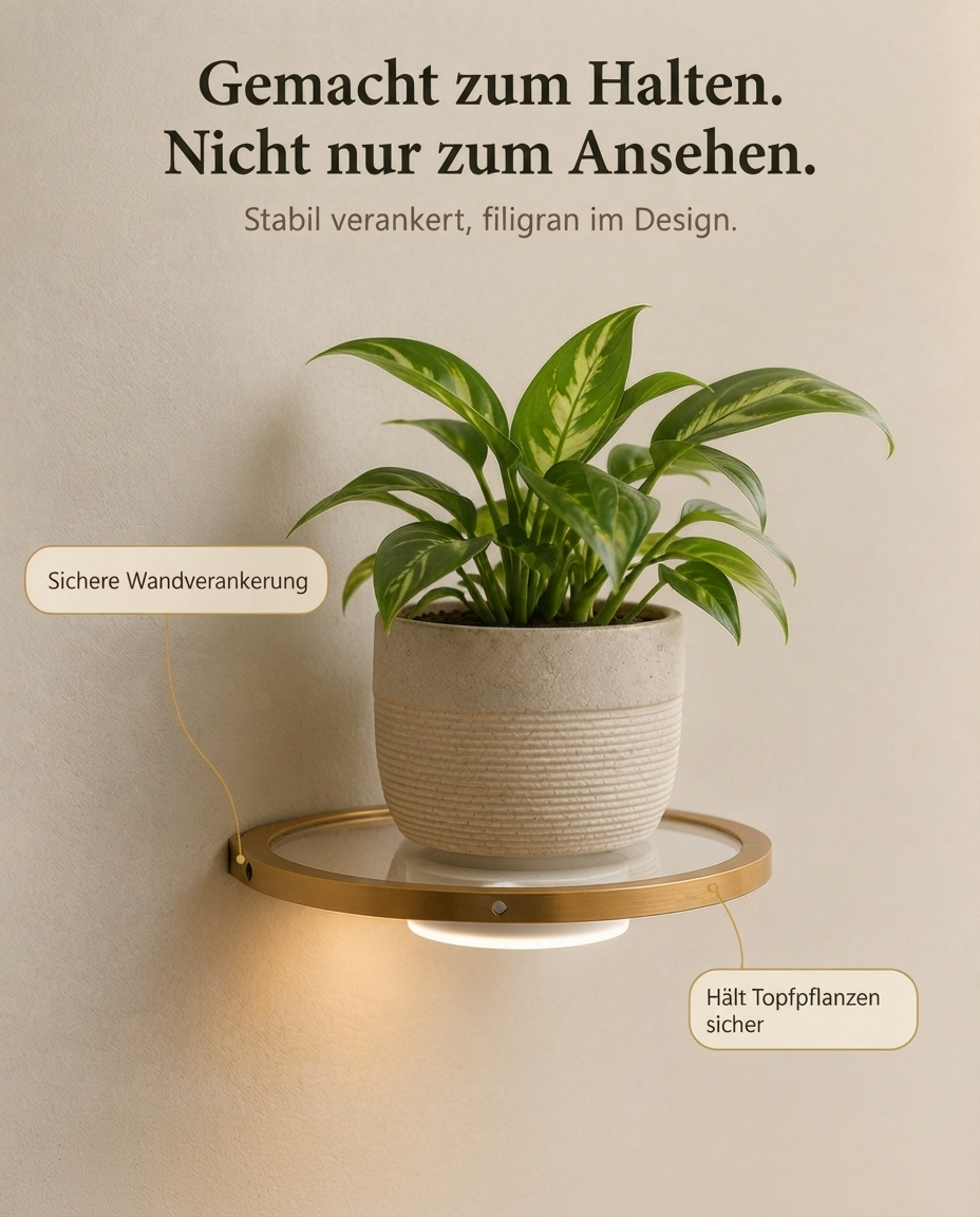 Schwebendes LED-Wandregal mit Gold-Finish und wiederaufladbarer Ambientebeleuchtung für Pflanzen