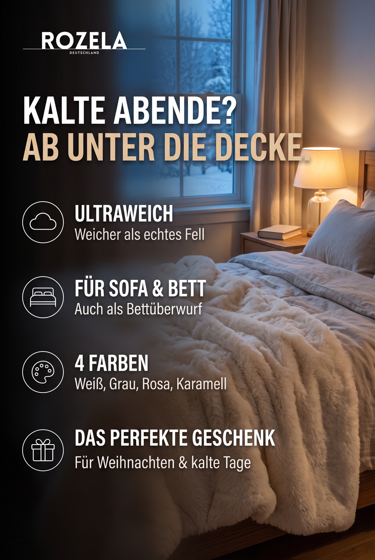 Flauschige Kuscheldecke in Fell-Optik auf dem Bett – 4 Farben